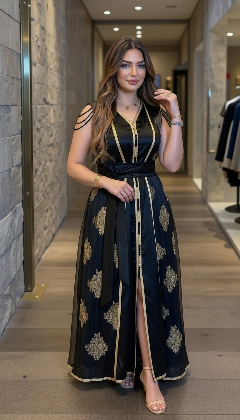 Two-piece black satin caftan with gold embroidered Tlija