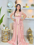 ✨ Two-piece pink satin caftan with embroidered gold Tlija ✨