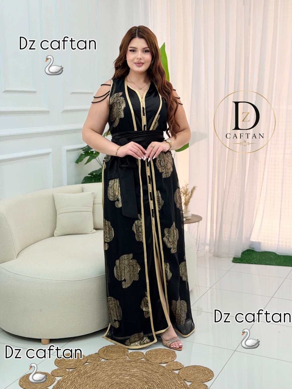 Two-piece black satin caftan with gold embroidered Tlija
