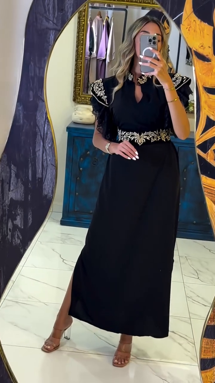 Prestige Black Kaftan – Lace, Velvet & Gold Embroidery