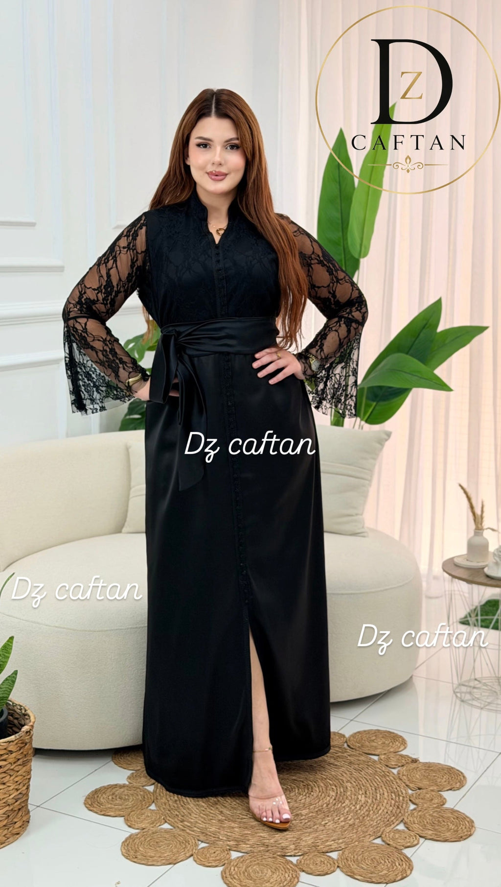 Two-piece black satin caftan with gold embroidered Tlija