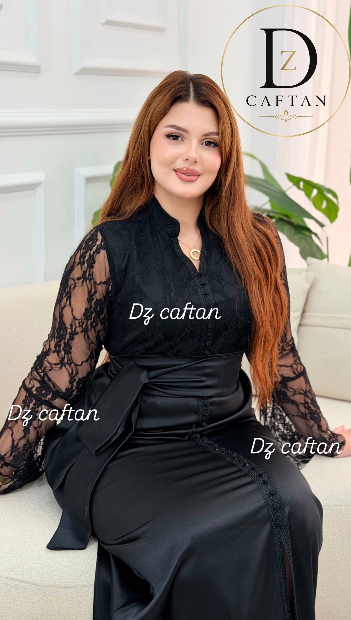 Two-piece black satin caftan with gold embroidered Tlija